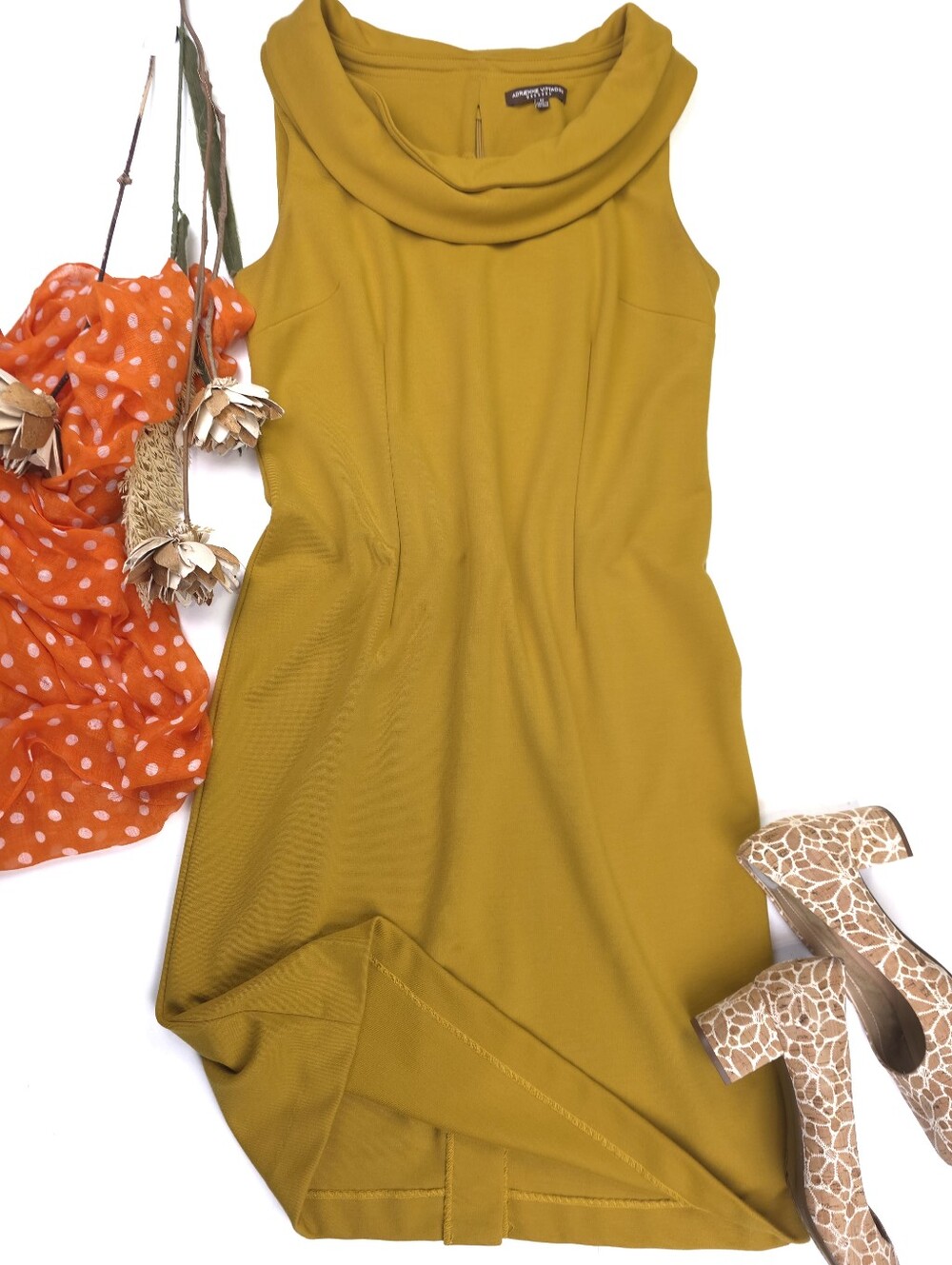 Adrienne Vittadini Sleeveless Cowl Neck Dress in Mustard Sz 12